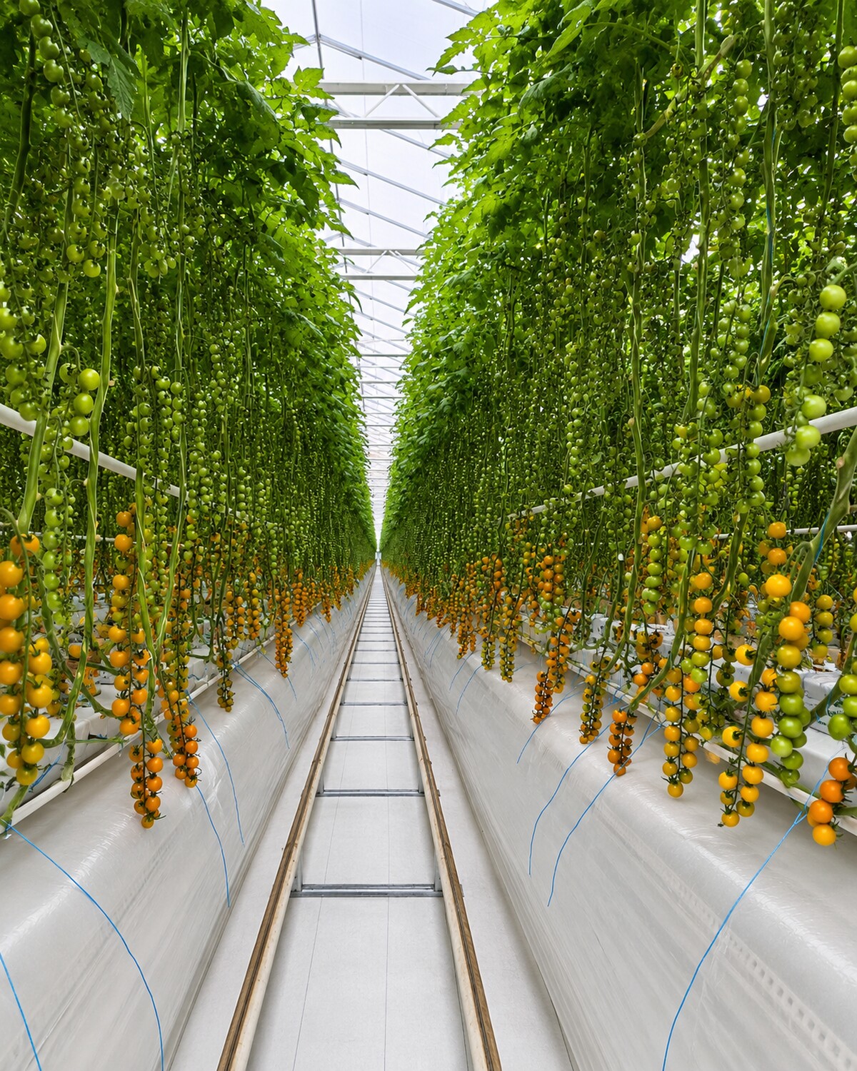 Row of yellow and green tomatoes in a modern greenhouse