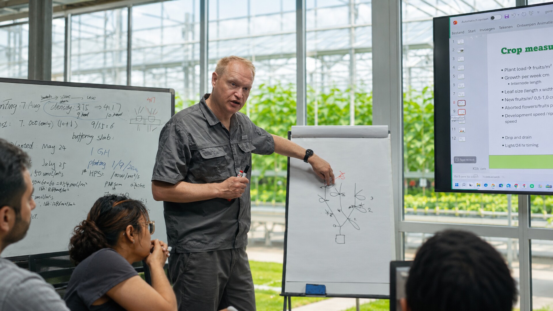 Wim van der Ende explains to crop staff in the greenhouse